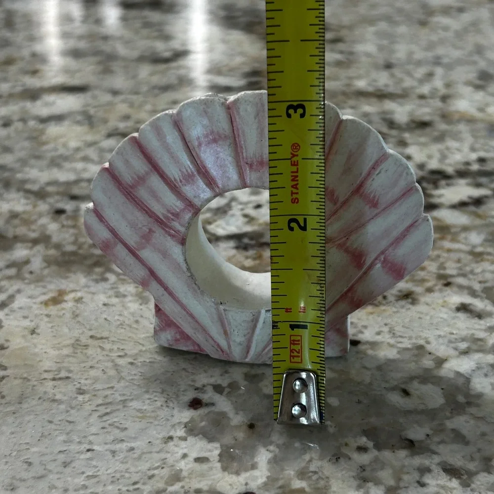 Vintage Set of 8 Wood Shell Napkin Rings Pink White Coastal Seashell Holders